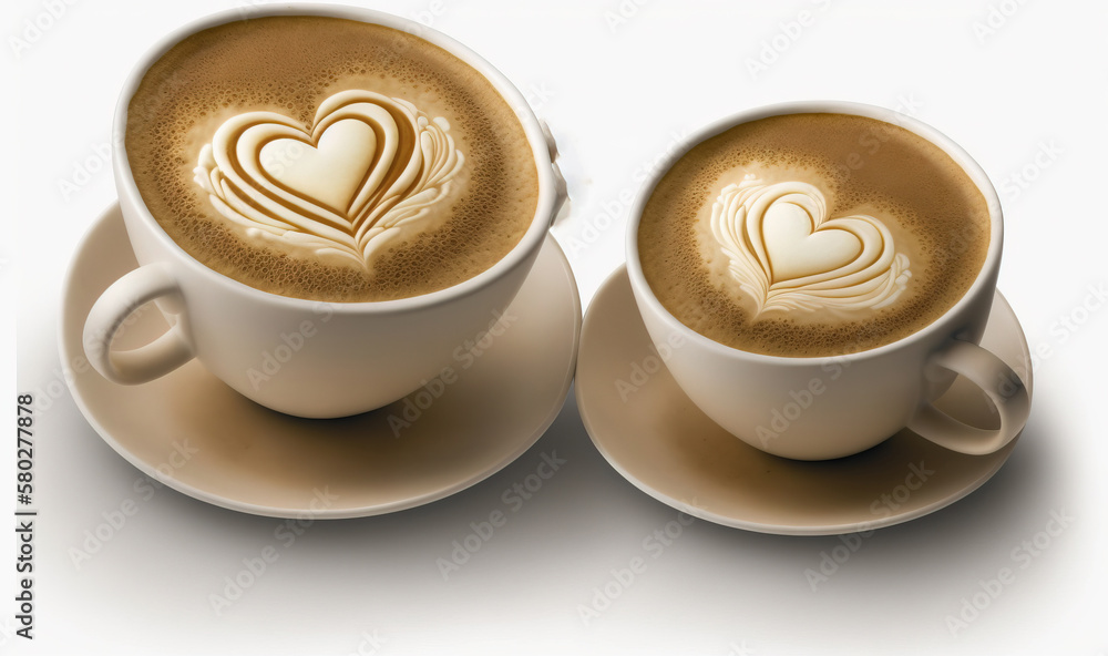  two cups of coffee with hearts on the top and bottom of the cups are on a saucer and are on a sauce