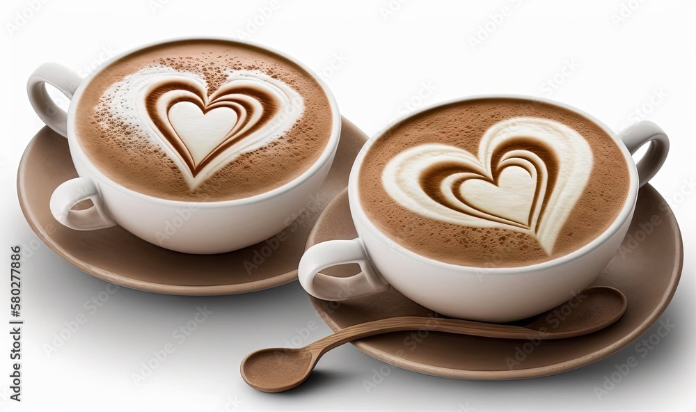  a couple of cups of coffee with hearts on top of them on a saucer and saucer with spoons on a white