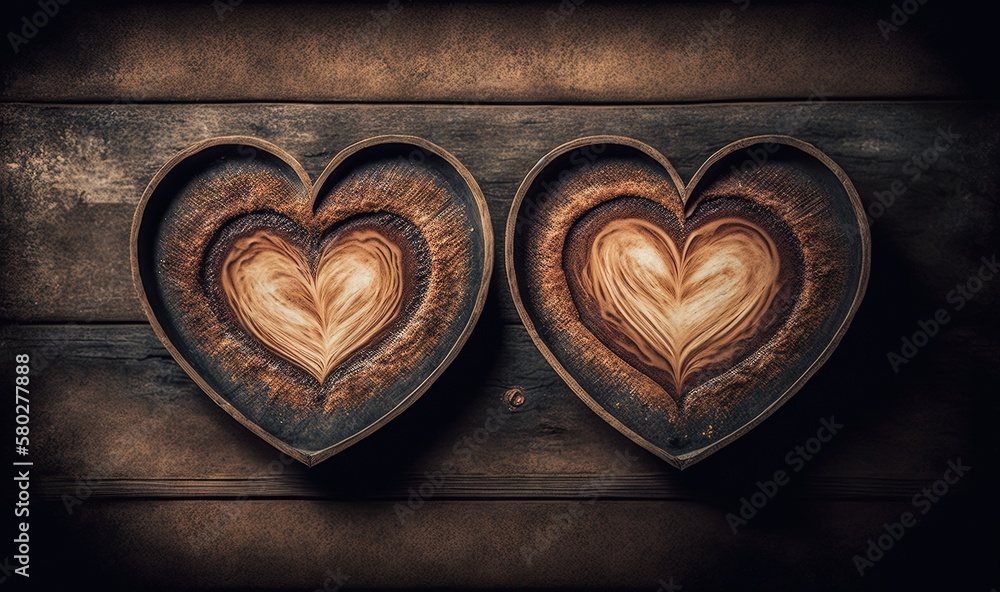  two heart shaped bowls with coffee inside on a wooden surface with a black background and a brown b