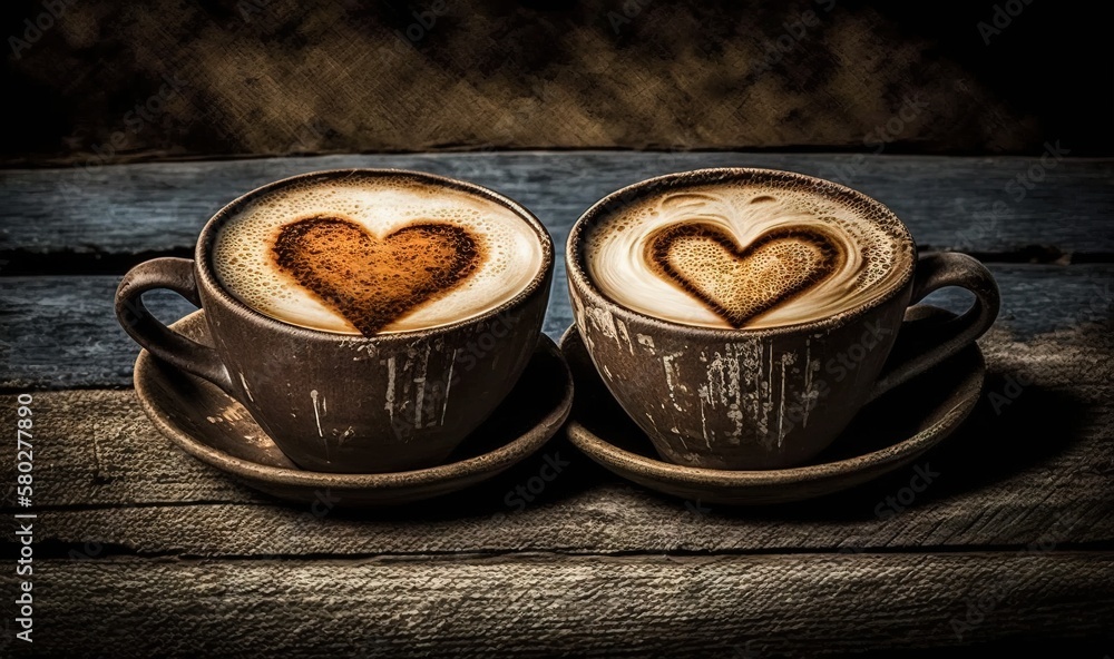  two cups of coffee with hearts drawn on the top of the cups on a wooden table in a rustic setting w