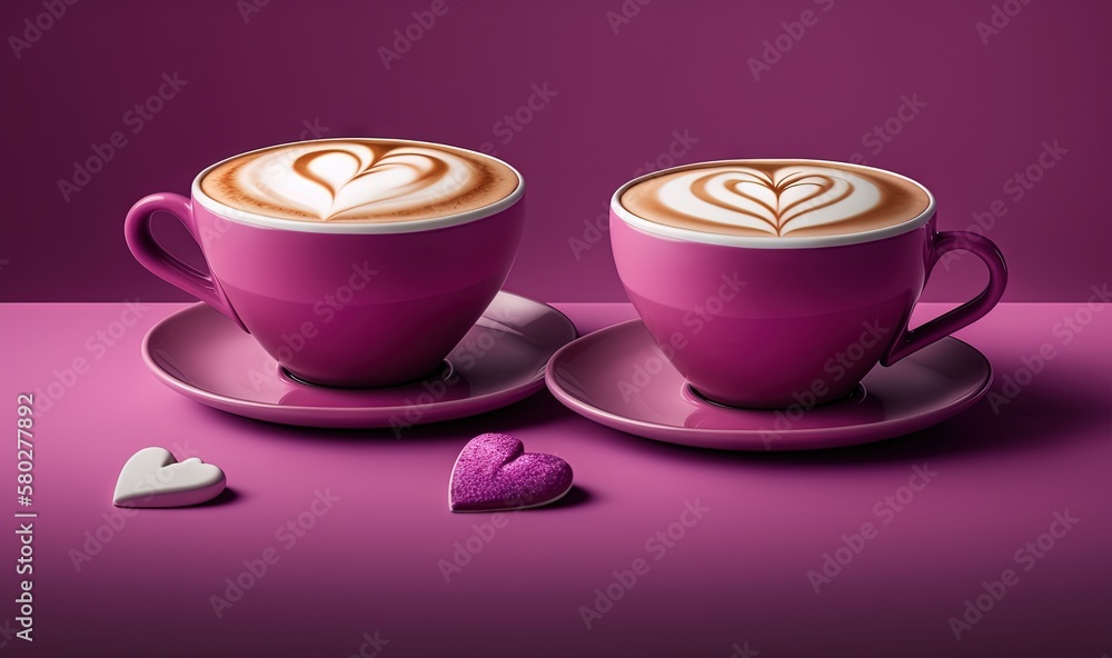  a couple of cups of coffee with hearts on the saucer next to it on a purple surface with a heart sh