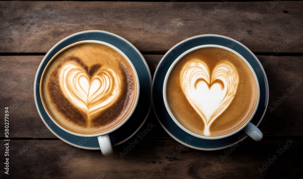  two cups of coffee with hearts drawn on the top of the cups, on a wooden table, with a wooden table