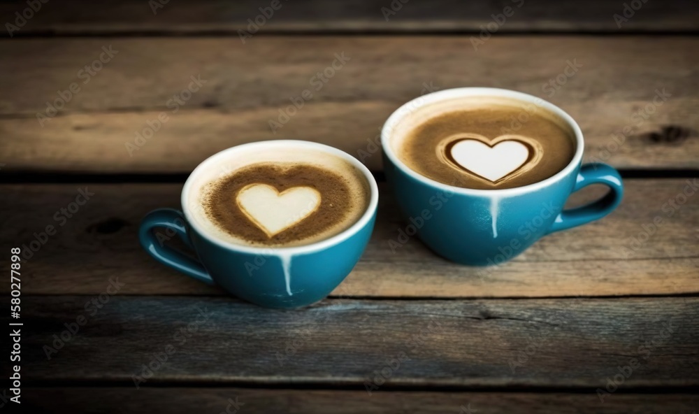  two cups of coffee with hearts in them on a wooden table with a wood plank background and a wood pl