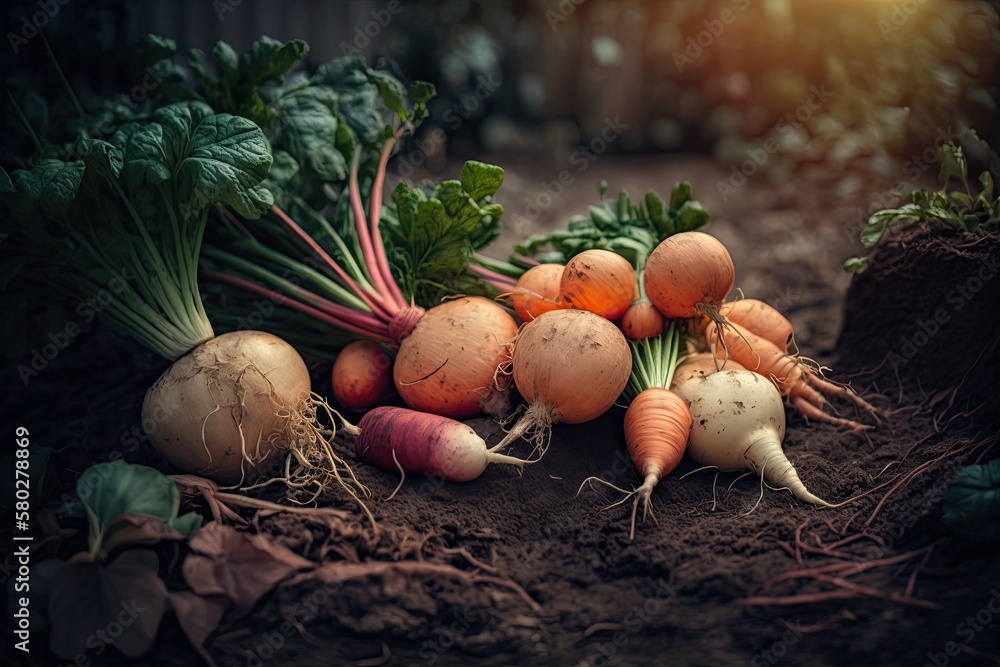 Fall garden harvest of raw carrots, beets, and potatoes on the ground. Organic vegetable harvesting.