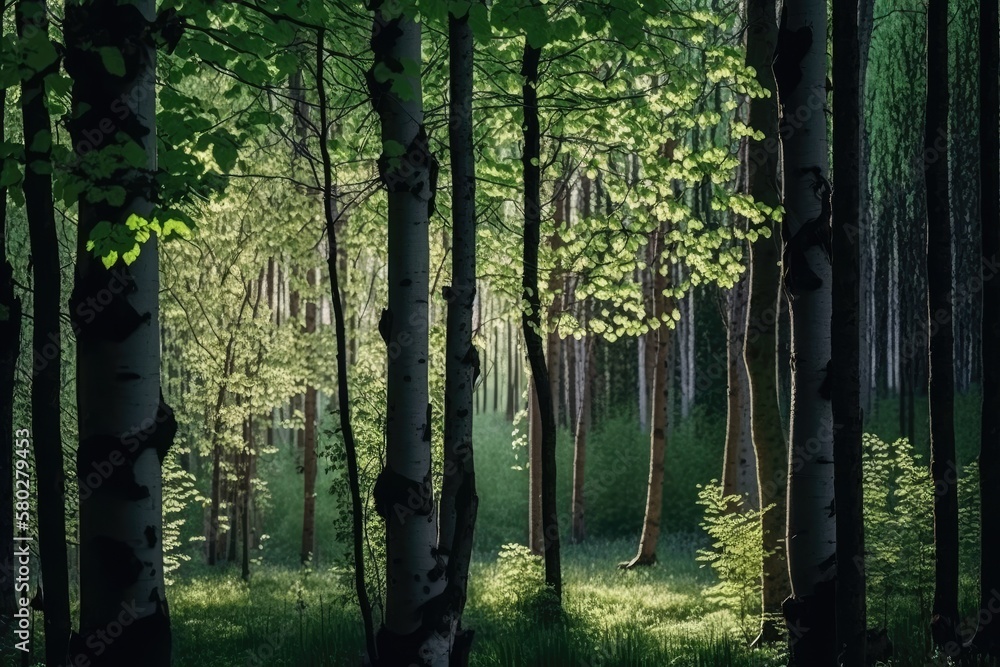 Green deciduous forest during the summer. Images of tree trunks up close. Poorly lit scenery full of