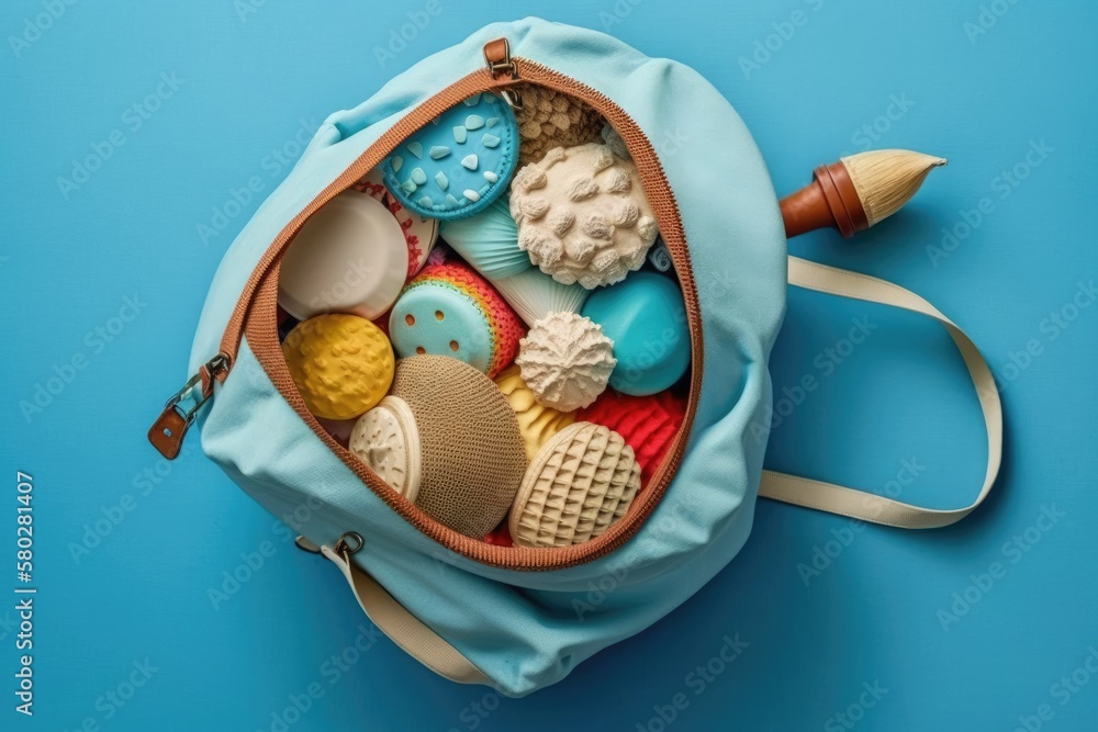 Beach gear for the summer, displayed in an open bag with a blue background, seen from above. The ide