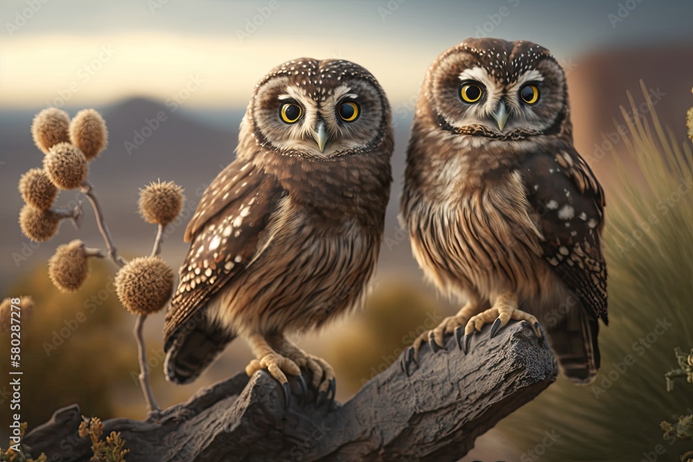 Two Athene noctua (small owls) perched prettily against a scenic backdrop. Generative AI