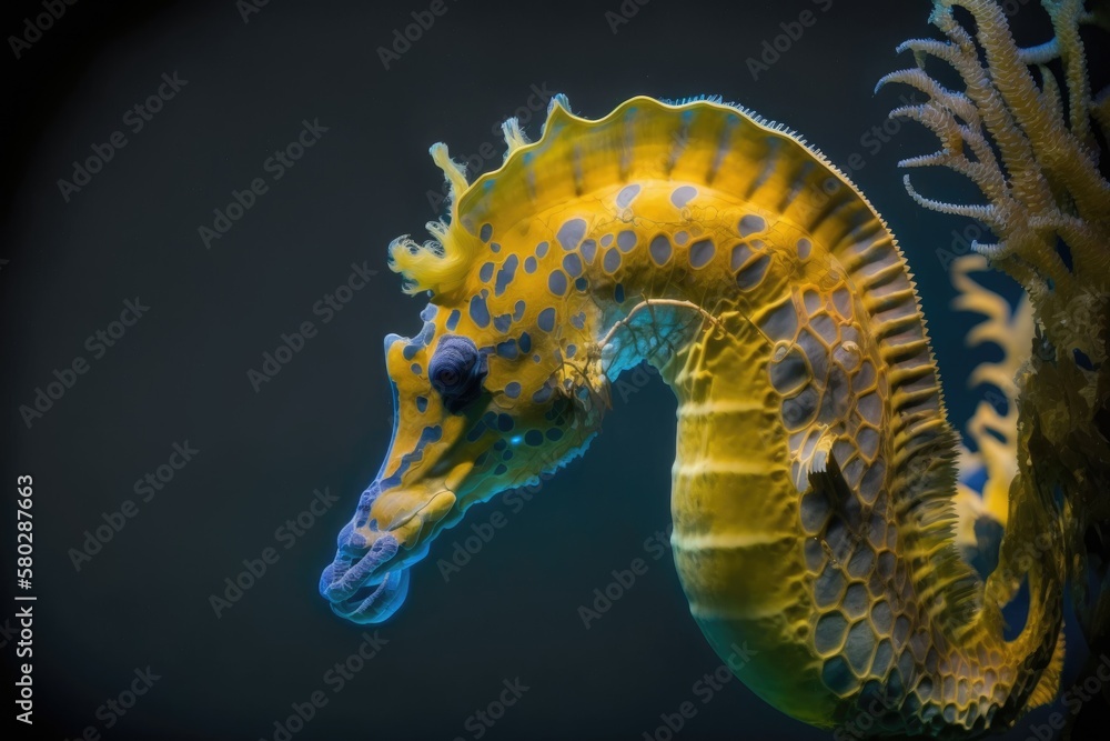 The longsnouted yellow seahorse. With a blue background in the aquarium. Generative AI