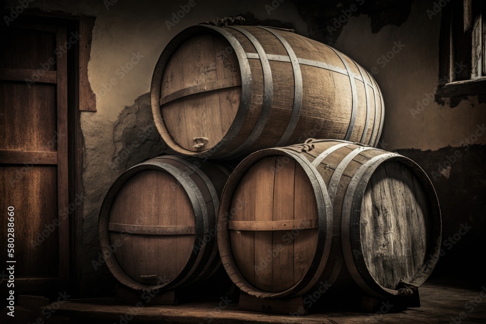 Wooden barrels for aging wine. A stack of wine barrels in a German winery. Generative AI