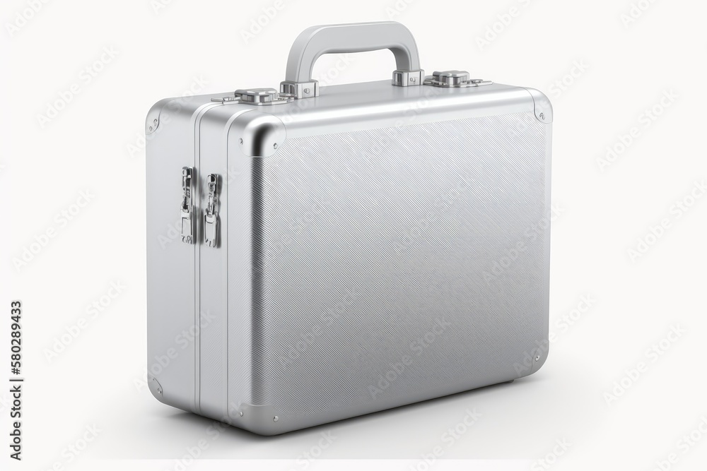 Packing case in silver, seen from the front. illustration on a blank white backdrop. Generative AI