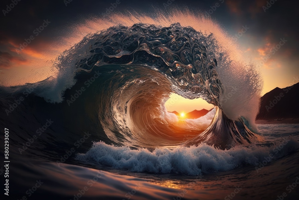 Snuggled up to a crashing sea wave in a sunrsie image. Generative AI