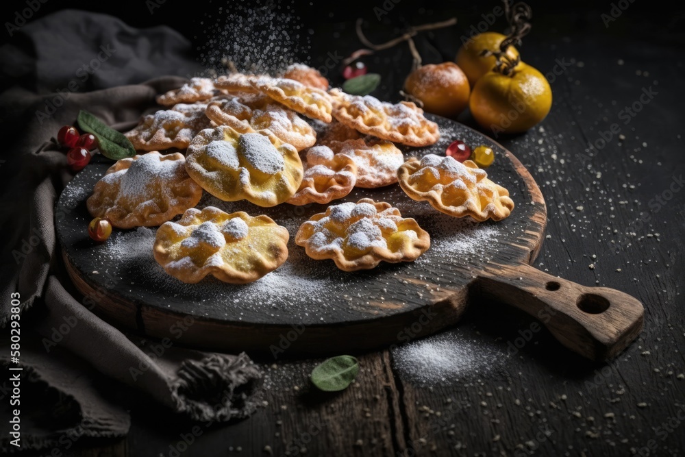 Italian fritters during the carnival, served on a black wooden board. Generative AI