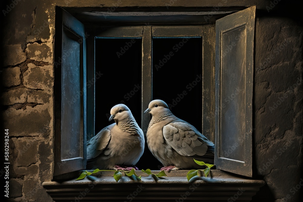 Picture this a pair of doves perched on an ancient window sill in the dark. Generative AI