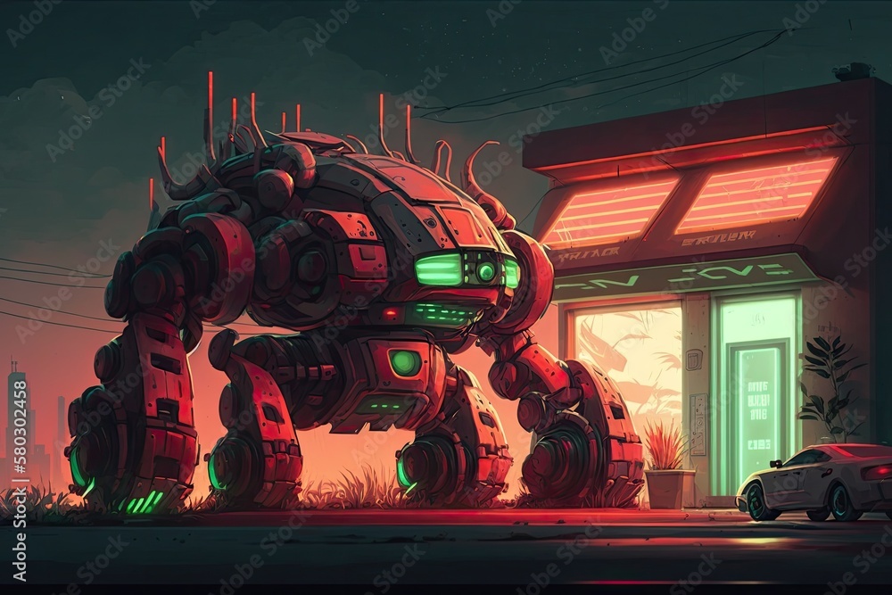 In front of a red and green light Robo Factory is a futuristic Cyber Car. Generative AI