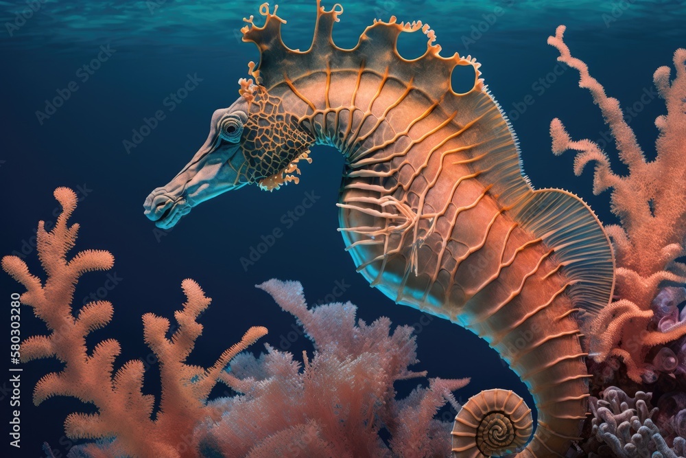 Hippocampus, a type of seahorse, swimming in the ocean with a coral background. Generative AI