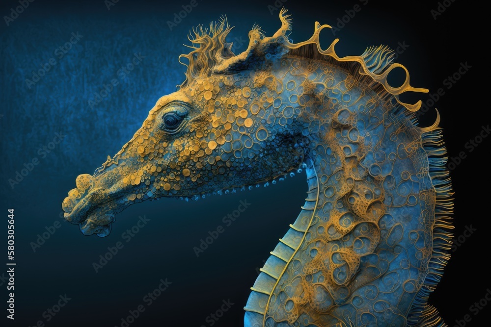 Blue Background with a Yellow Brown Seahorse Profile. Generative AI