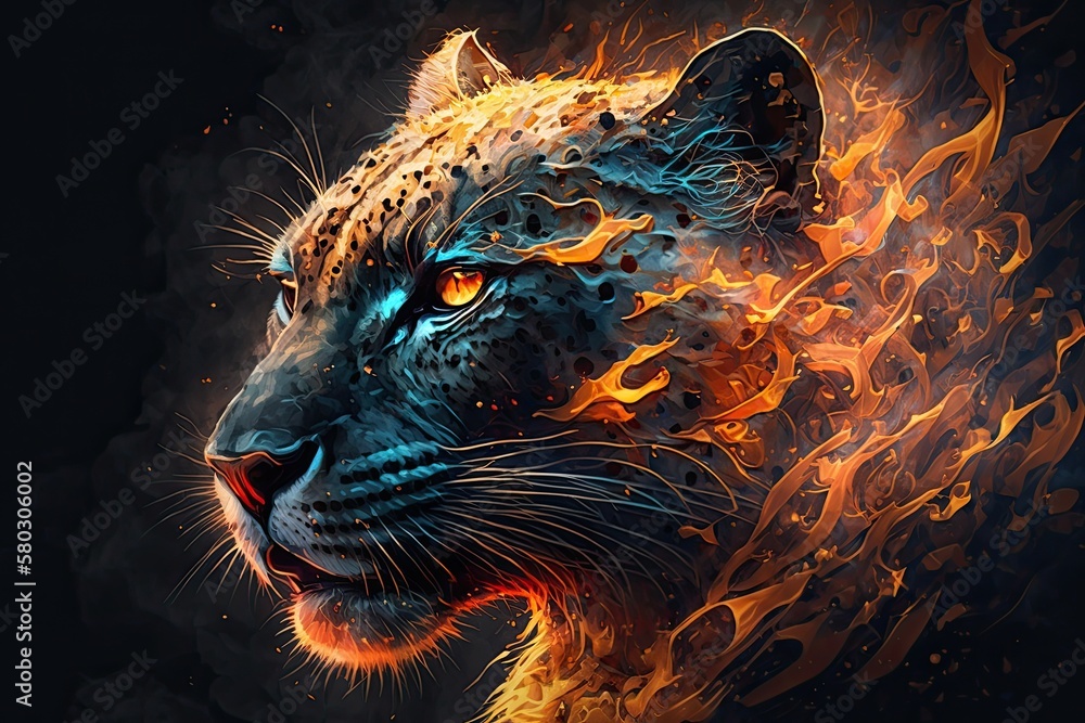 digital painting of a flaming panther head panther head in flames. Generative AI