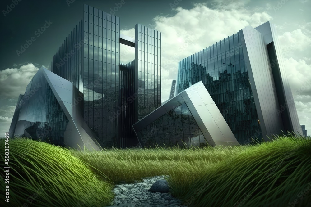 Behind the grass, there are some ultra modern office buildings. Generative AI