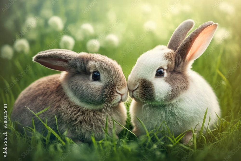 Two lovely bunnies enjoying and playing in the meadow green grass together. relationship with the Ea