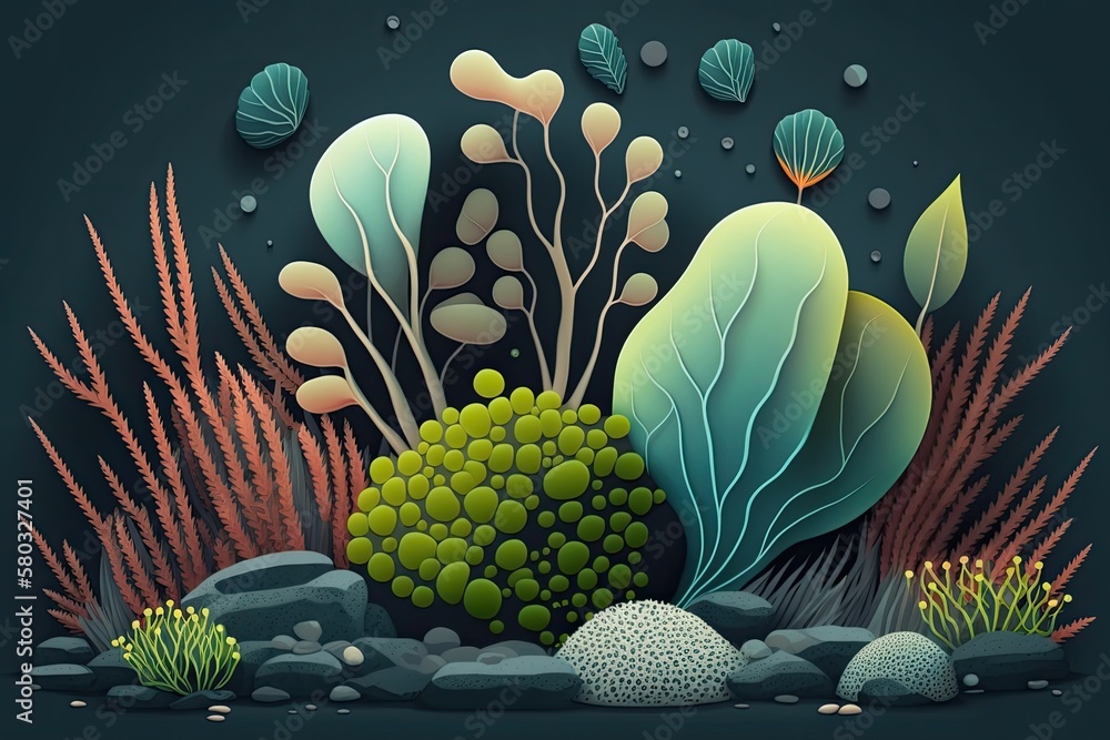 Sea stones with algae raster illustration exquisite underwater plant composition sea ocean flat ston