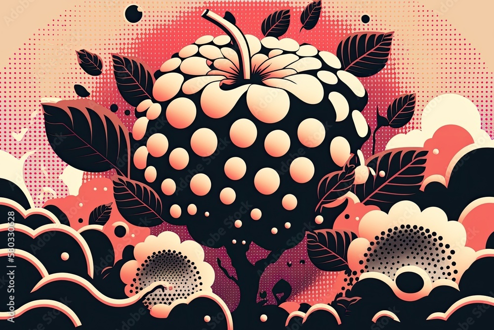 Halftone flower design from the modern era. On a pink backdrop, geometric forms, apples, and trees c