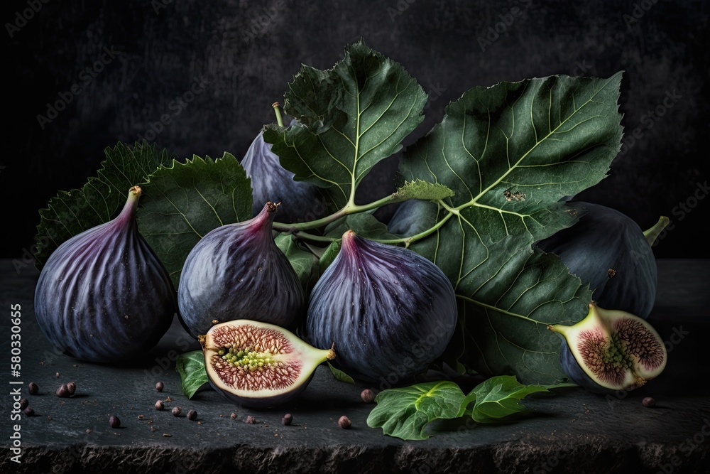 Fresh, ripe figs with green leaves against a black backdrop on a dark table. Mediterranean figs are 