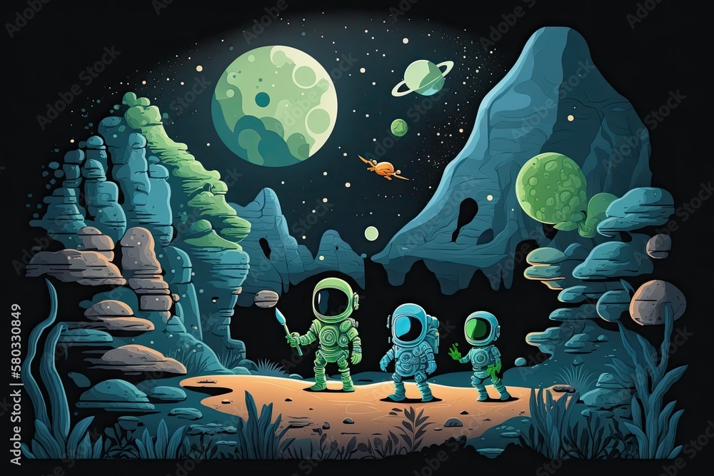 lovely alien and spaceman figures on a planet at night. Rocks, blue crystals, stars in the sky, a ch