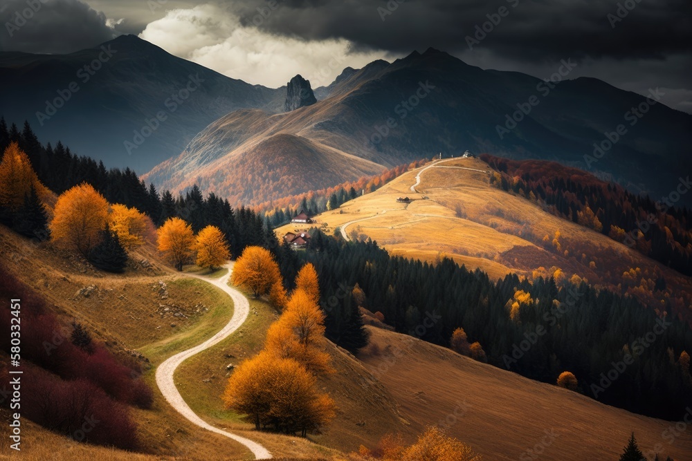 Romanian Carpathian Mountains winding path across a mountainous terrain and a fall colored woodland 