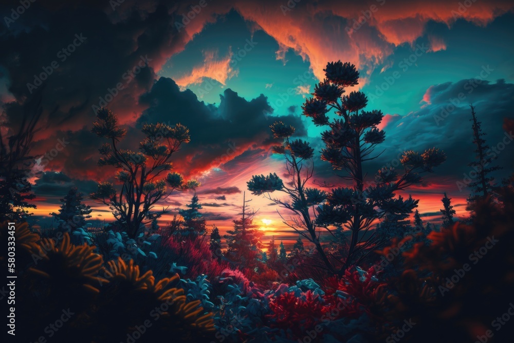 Dark foliage of little trees and bushes contrasts with a vividly colored sunset sky and vibrant clou