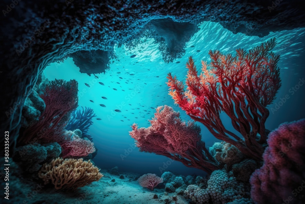 Incredible red sea underwater landscape with stunning corals in a blue abyss as a backdrop. Generati