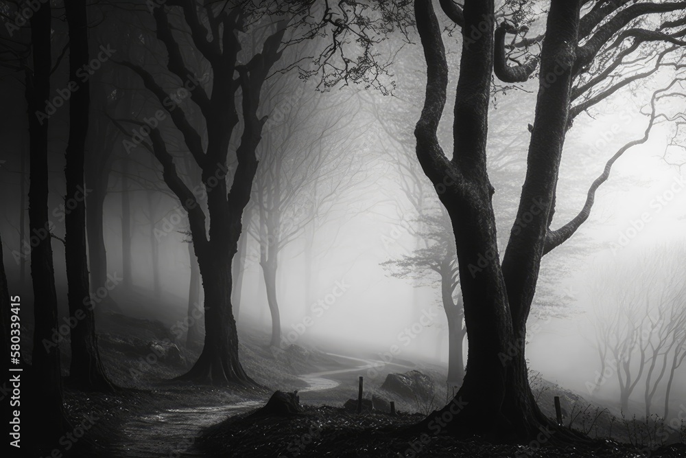 Trees close to one another in a woodland that is shrouded in a creeping mist. Generative AI