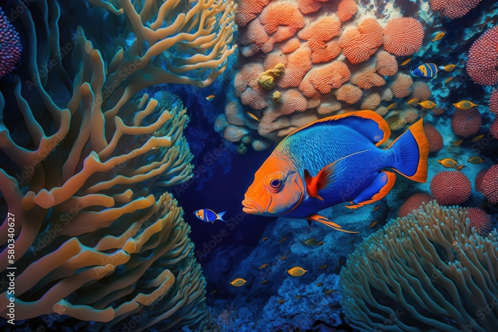 View from overhead of an Egyptian red sea surgeon fish swimming amid reefs. Generative AI