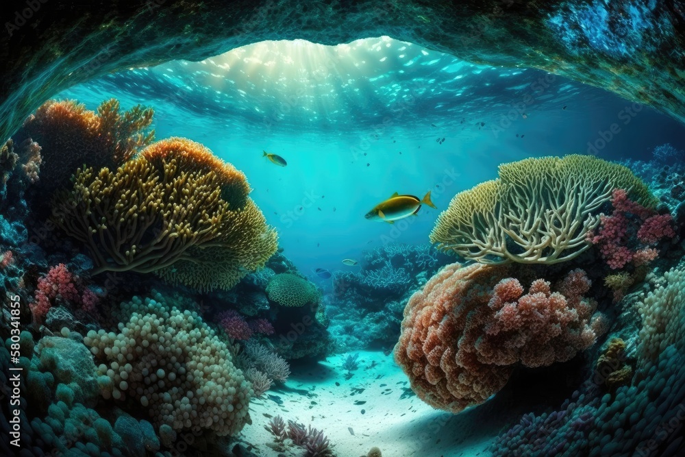 Underwater coral reef and lagoon, underwater scenery, snorkeling excursion. Generative AI