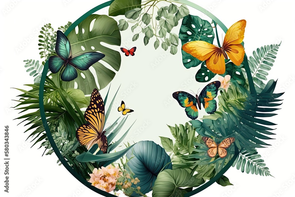 Round frame on a translucent backdrop with tropical plants and butterflies. Generative AI