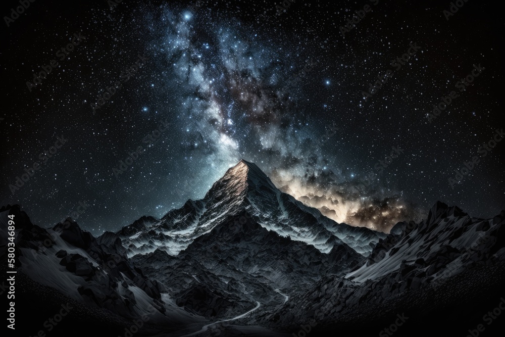 starry night backdrop with the milky way galaxy sweeping across the mountain crest. Generative AI