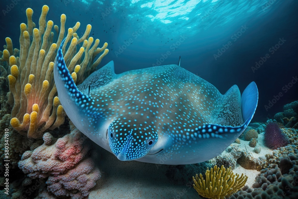 Stingray with blue spots amid the reefs in the Red Seas bottom. Taeniura Lymma. Generative AI