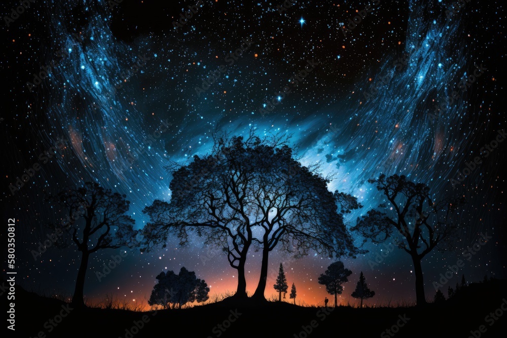 Milky way backdrop trees in a nighttime scene. Generative AI