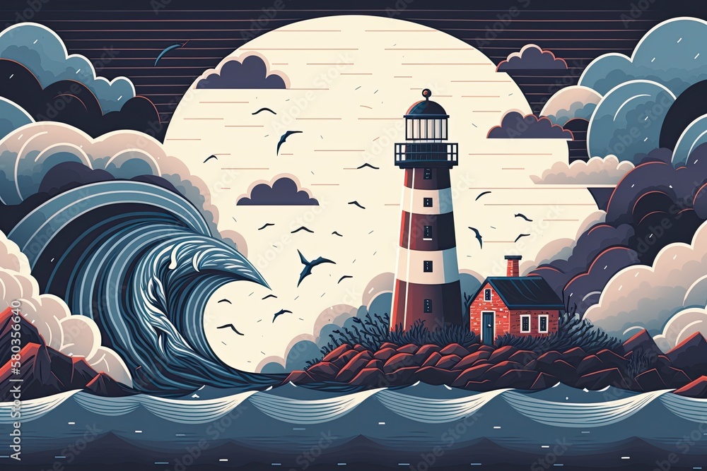 Illustration of a blue sea, waves, a lighthouse, and clouds. Generative AI