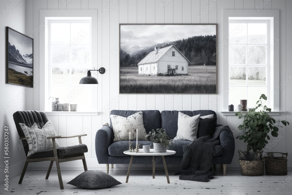 Interior of a Scandinavian farmhouse living room, wall mockup,. Generative AI