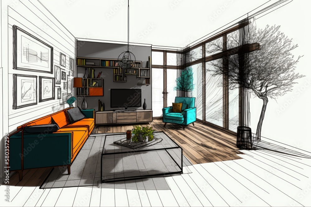 Living room design and planning using CAD wireframe mesh and color (). Generative AI