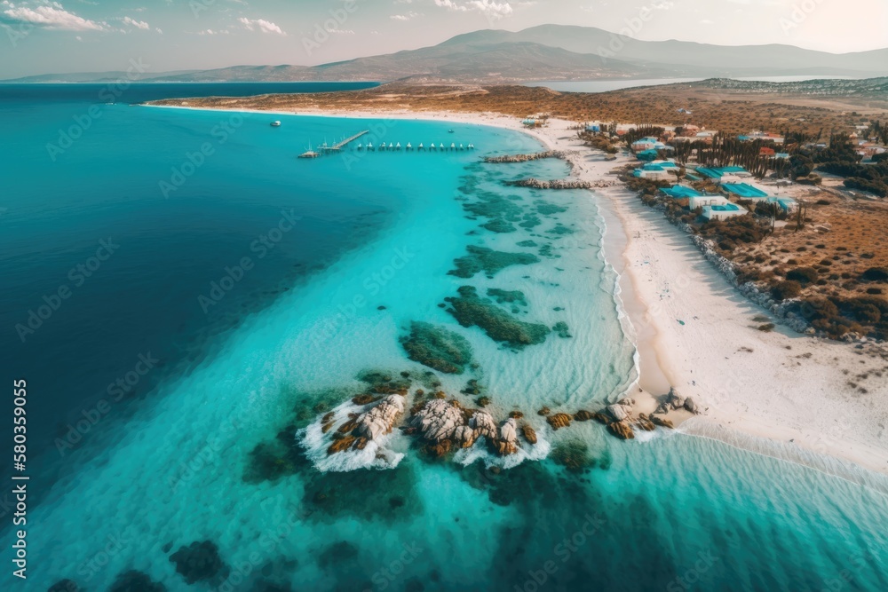 Drone Photo of Ilca Beach, Aegean Region Cesme, Izmir Turkey. Generative AI