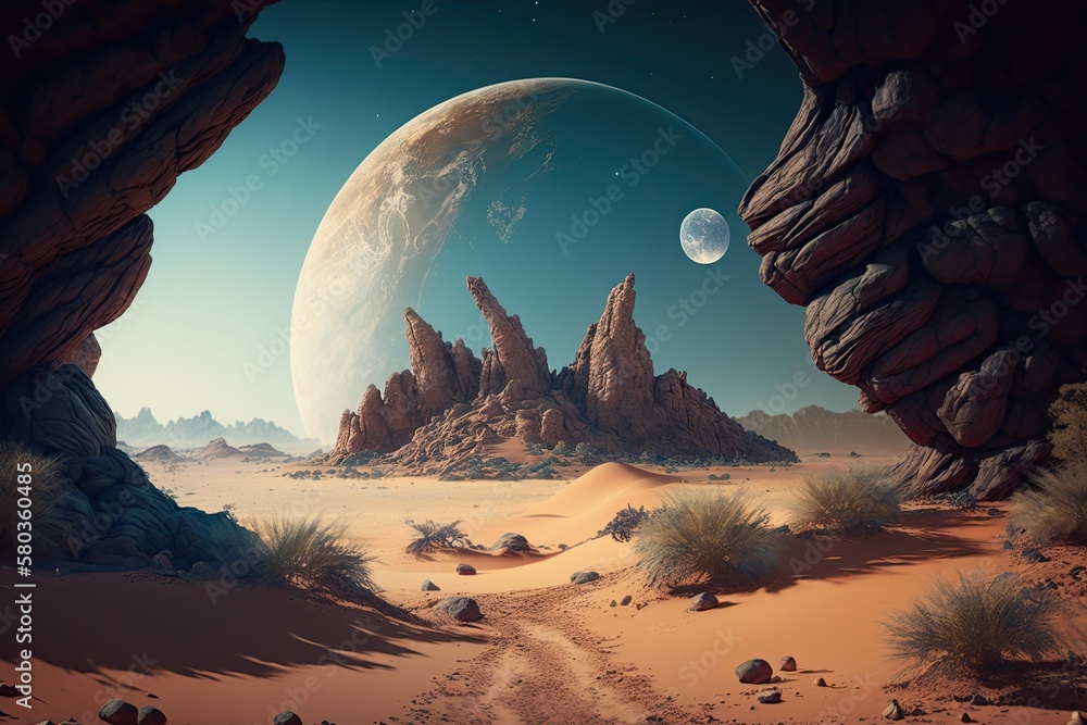 Desert and the moon in the sky may be seen on an alien planet. Generative AI