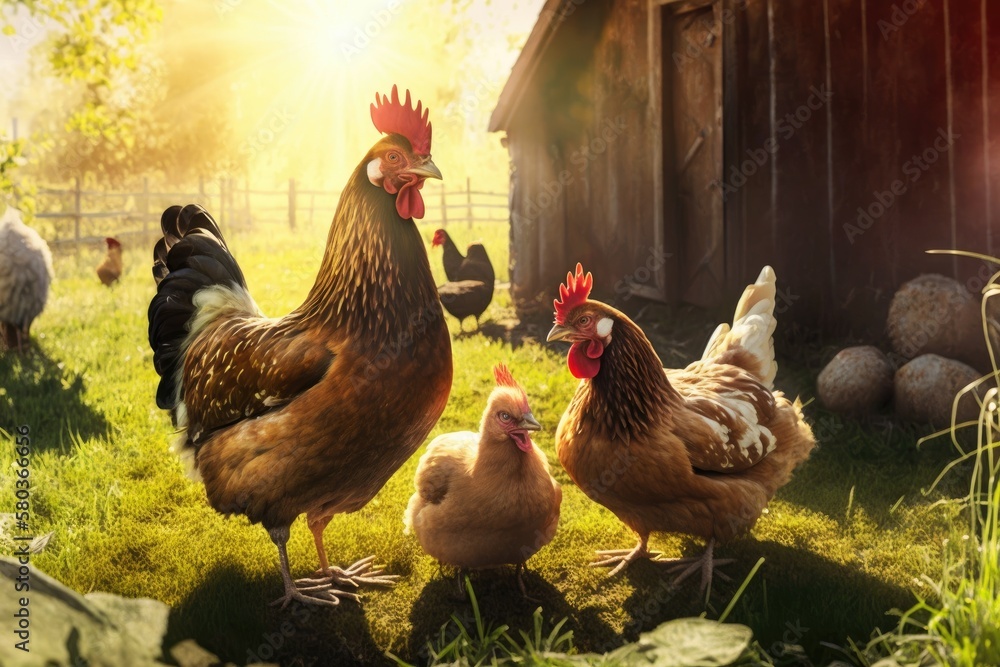 Chickens with their mother in a rural yard. Photos of chickens in a villages grass in contrast to t