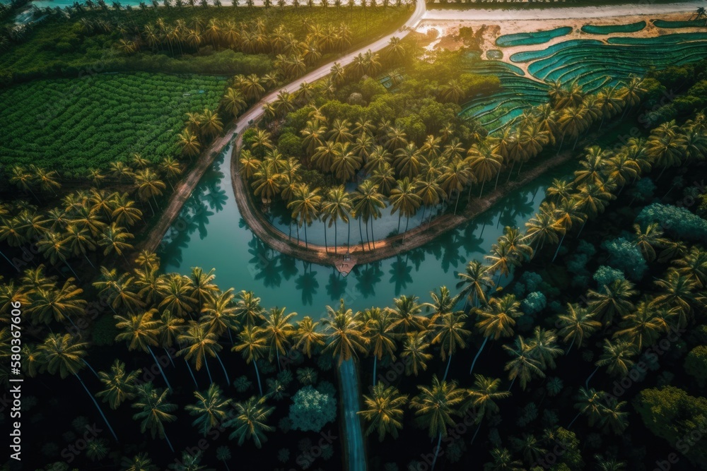 Aerial View of Bay Mau Coconut forest which is a highly popular location in Hoi An old town. Generat