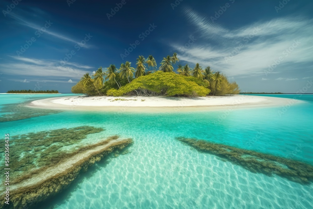 Beautiful tropical island in the Maldives with blue sky and sea for vacation backdrop in the natural