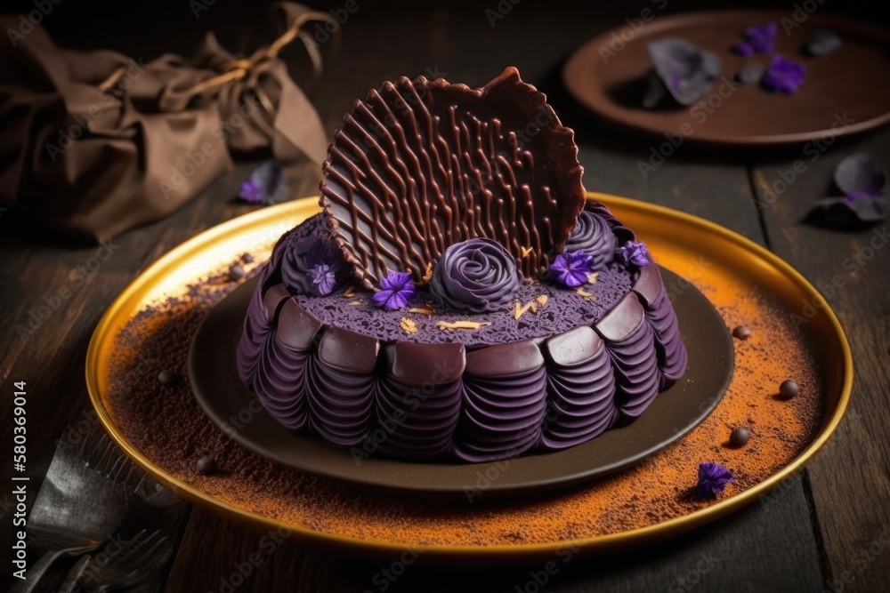 Beautiful purple cake with chocolate swarf decorations offered on a circular platter in an Italian r