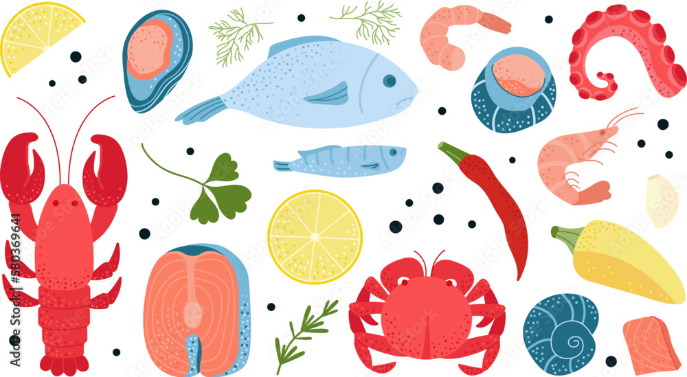 Seafood cartoon flat product. Drawn lobster and rosemary, fish lemon, salmon steak. Healthy sea raw 