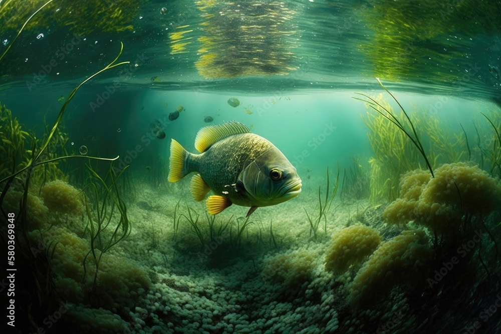 Aquatic ecosystem, freshwater landscape, green world, fish in river depth, underwater photography. G