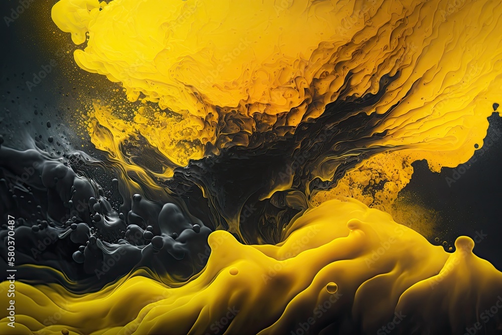 Abstract black and yellow moving acrylic paints over a liquid backdrop with an underwater area and s