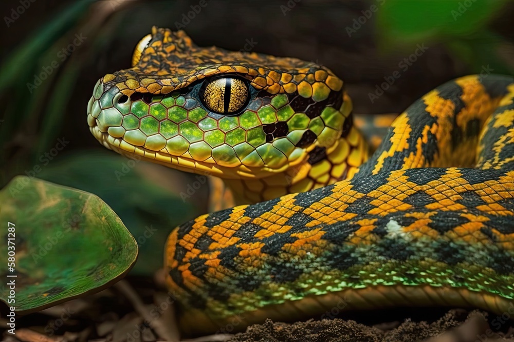 Close up of a branch viper snake with the tarpidolaemus wagleri snake. Generative AI